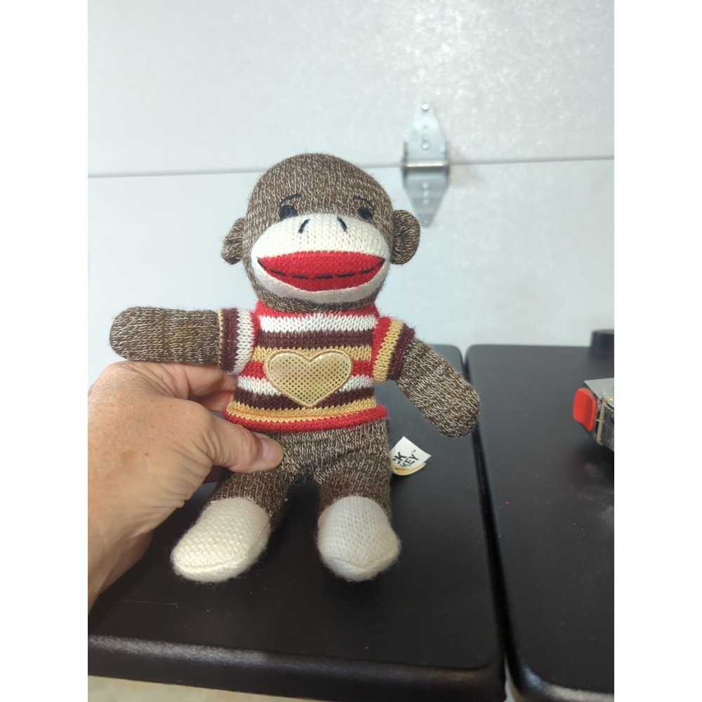 9" Stuffed Dan Dee Sock Monkey Brown Knit Plush in Sweater with Heart